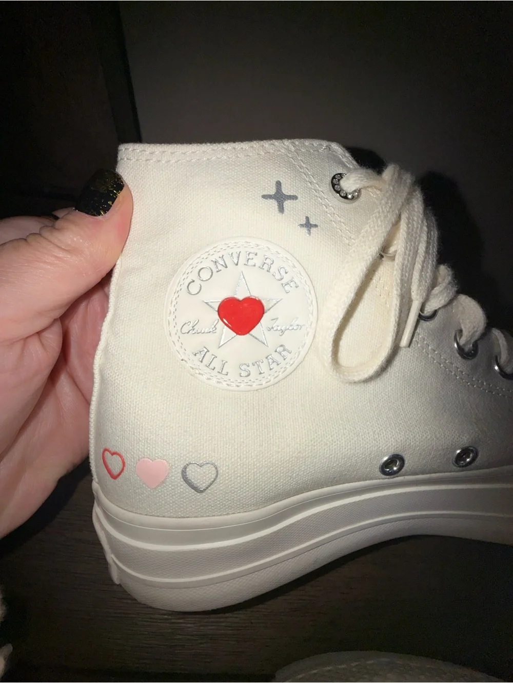 Converse White High Top Sneakers with Pink Heart Accents